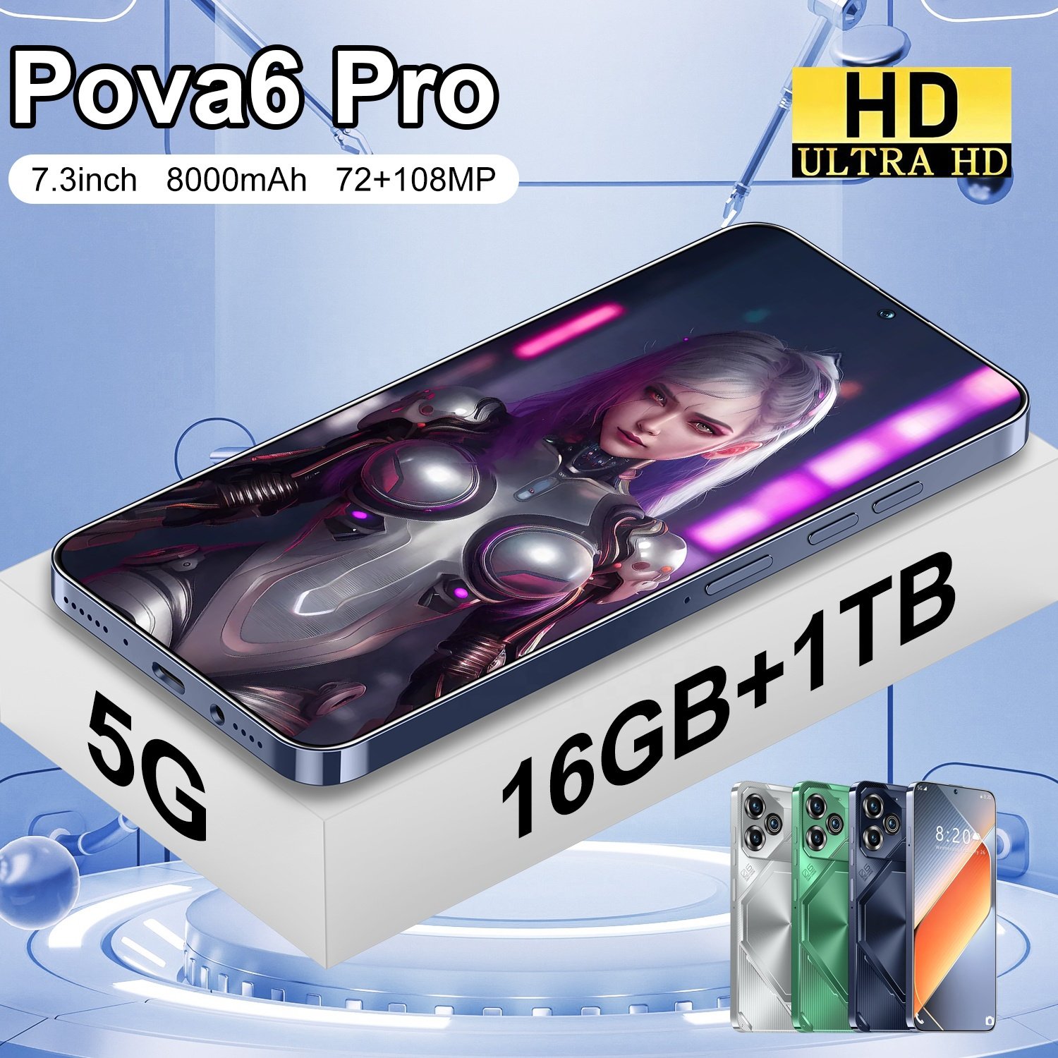 Hot Selling Smartphone pova 6 pro 16GB+1TB 7.3 Inch Mobilephone HD Beauty Camera Android13 5G Cellphones